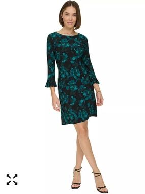 NWT Tommy Hilfiger Floral Shift Dress Size 10 Blue Black 3/4 Sleeve Knee Length